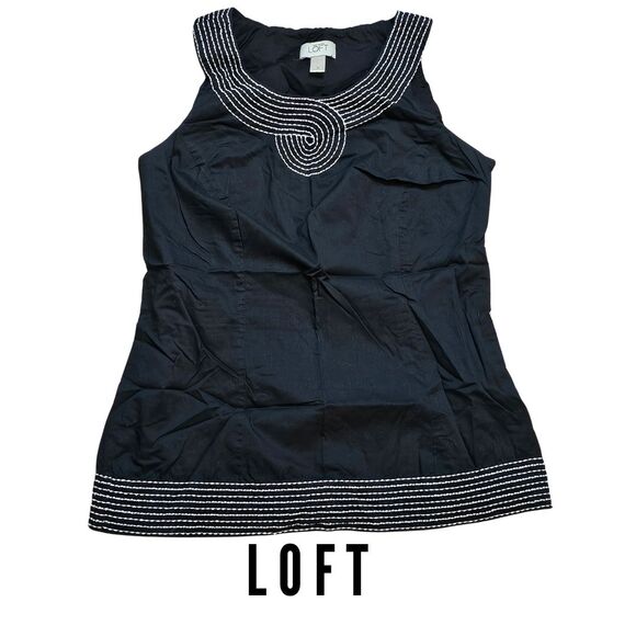 LOFT Black Cotton Embroidered Tank Top Shell Nautical Mediterranean Style Lined - Picture 1 of 11